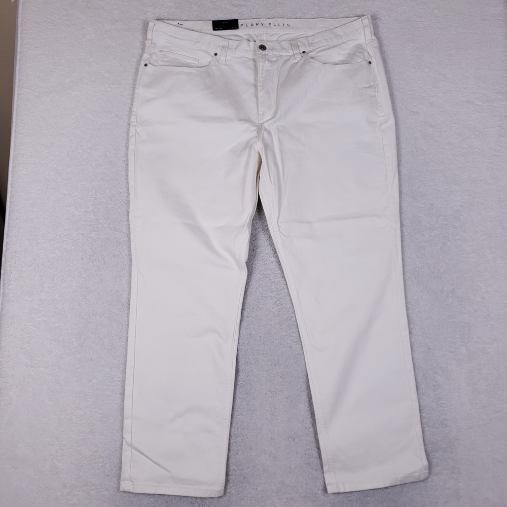 Perry Ellis Mens Slim Fit Stretch Low Rise Straight Leg Pants White 42x30 NEW